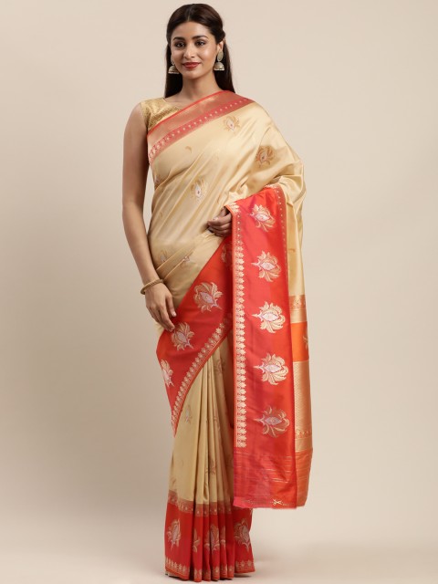 

Mitera Beige & Orange Pure Silk Printed Banarasi Saree