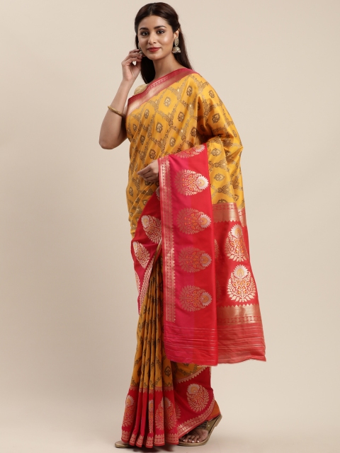 

Mitera Mustard Yellow & Red Pure Silk Woven Design Banarasi Saree