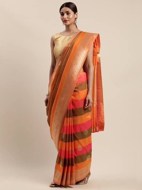 

Mitera Orange & Olive Green Pure Silk Striped Banarasi Saree