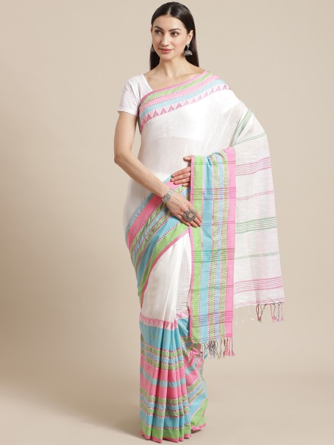 

Kalakari India White Pure Cotton Solid Handloom Sustainable Saree