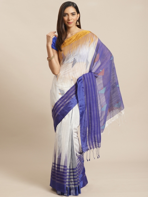 

Kalakari India White & Blue Geometric Woven Design Ikat Sustainable Saree