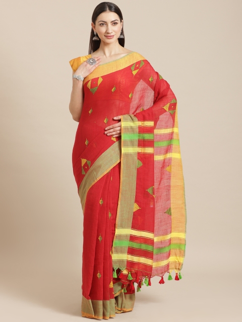 

Kalakari India Red & Yellow Pure Cotton Embroidered Handloom Sustainable Saree