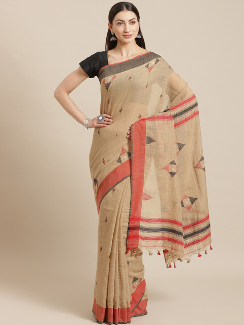 

Kalakari India Beige & Red Pure Cotton Woven Design Handloom Saree