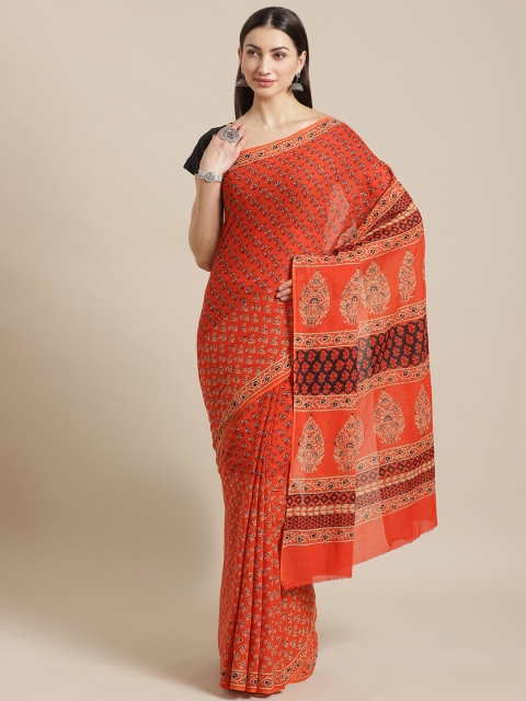 

Kalakari India Orange & Beige Pure Cotton Block Print Sustainable Saree