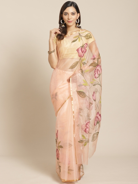 

Kalakari India Peach-Coloured & Maroon Organza Floral Print Sustainable Saree