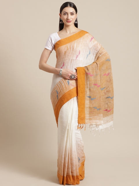 

Kalakari India White & Mustard Yellow Pure Cotton Woven Design Ikat Handloom Sustainable Saree