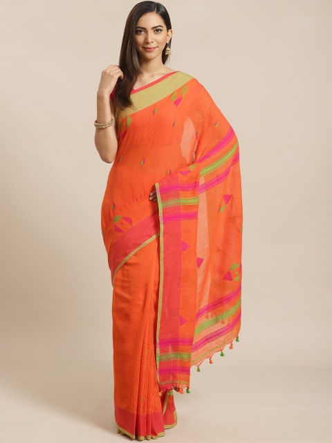 

Kalakari India Orange & Green Pure Cotton Geometric Woven Design Saree