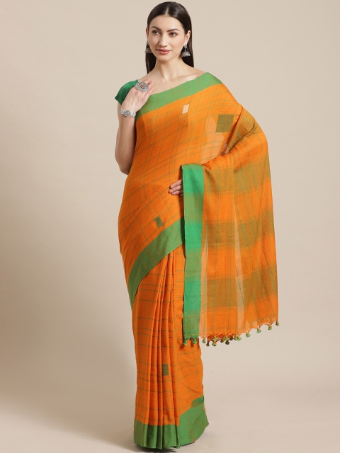 

Kalakari India Orange & Green Pure Cotton Checked Handloom Sustainable Saree