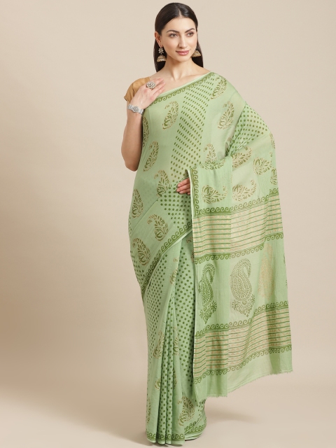 

Kalakari India Green & Golden Pure Cotton Block Print Sustainable Handloom Saree