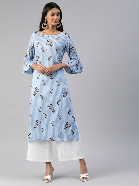 

Swishchick Women White & Blue Floral Printed Straight Kurta