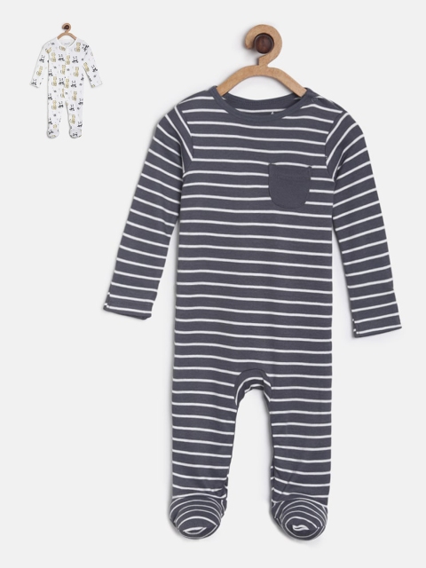 

MINI KLUB Newborn Boys Pack Of 2 White & Navy Blue Printed Sleepsuits