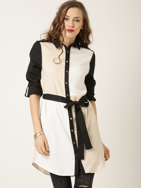 

QUIZ Beige Polyester Colourblocked Belted Longline Shirt