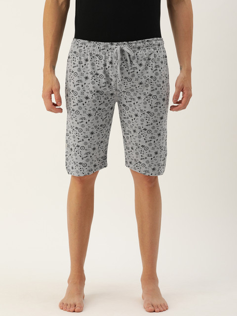 

Urban Dog Men Grey Melange & Black Printed Lounge Shorts