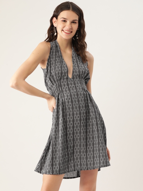 

MELOSO Women Charcoal Grey & White Printed A-Line Dress