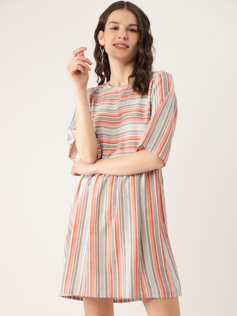 

MELOSO Women Grey & Orange Striped A-Line Dress
