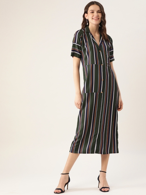 

MELOSO Women Green & Navy Blue Striped Shirt Dress
