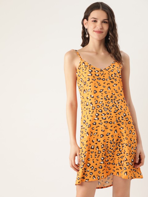 

MELOSO Women Mustard Yellow & Black Animal Printed A-Line Dress