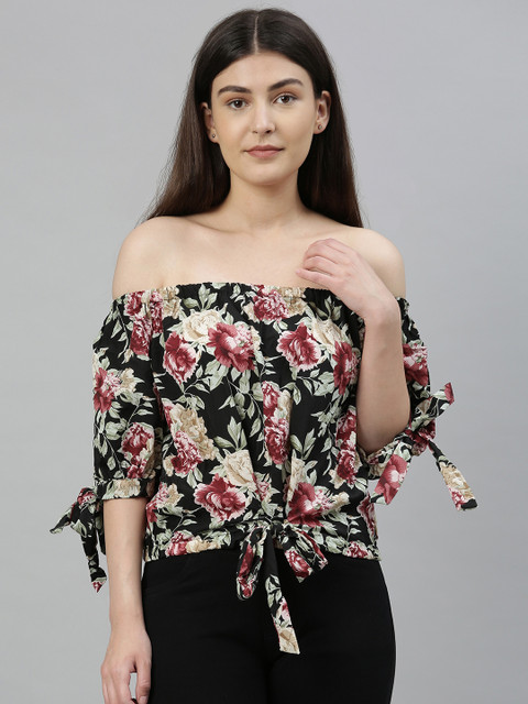 

RHHENSO Women Black Printed Bardot Top with Waist & Sleeve Tie-up