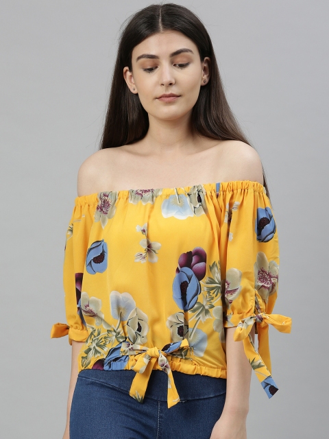 

RHHENSO Women Yellow Printed Bardot Top with Waist & Sleeve Tie-up