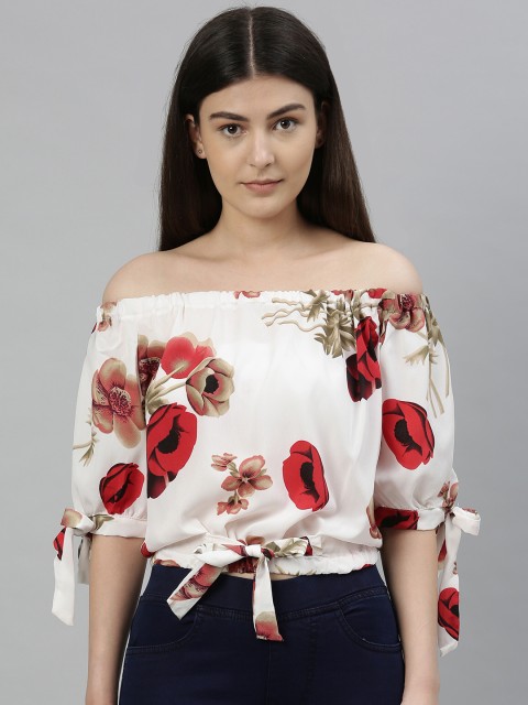 

RHHENSO Women White Printed Bardot Top with Waist & Sleeve Tie-up