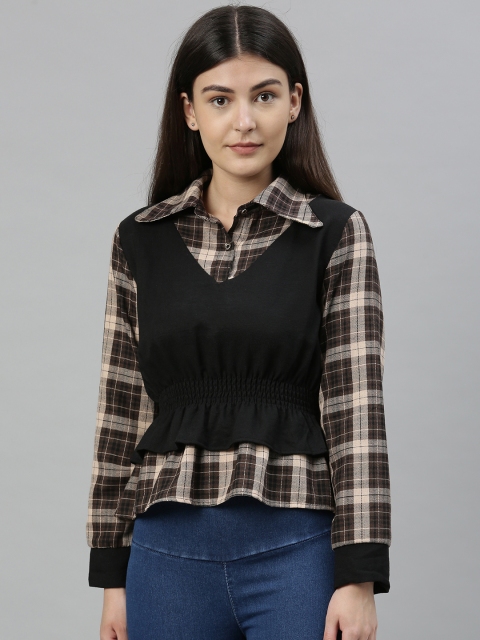 

RHHENSO Women Black Checked Shirt Style Top