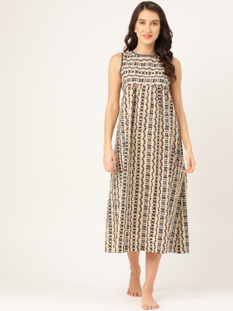 

pinwheel Cream-Coloured & Navy Blue Ethnic Motifs Print Cotton Midi Nightdress