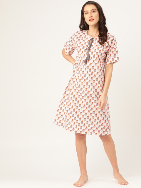 

pinwheel Off-White & Orange Floral Print Cotton Knee Length Nightdress