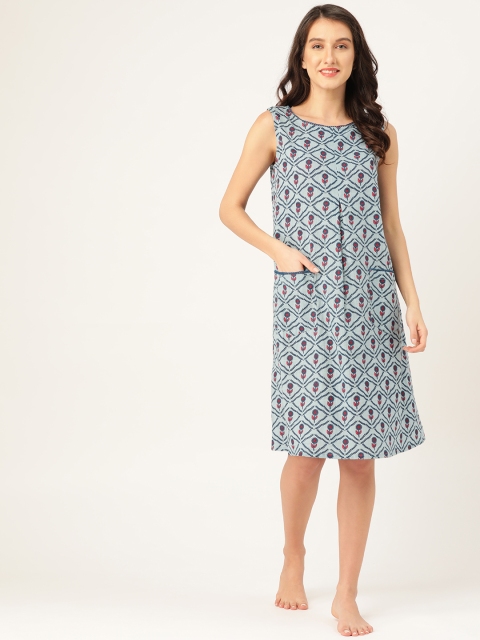 

pinwheel Blue & Pink Floral Print Cotton Knee Length Nightdress