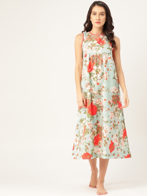 

pinwheel Turquoise Blue & Peach-Coloured Floral Print Cotton Midi Nightdress