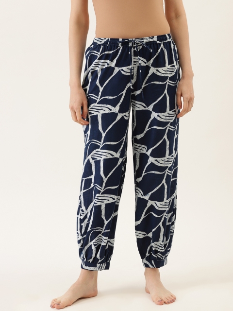 

pinwheel Women Navy Blue & White Pure Cotton Printed Jogger Style Lounge Pants