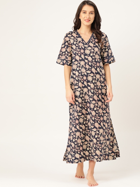 

pinwheel Navy Blue & Beige Ethnic Motifs Print Cotton Maxi Nightdress