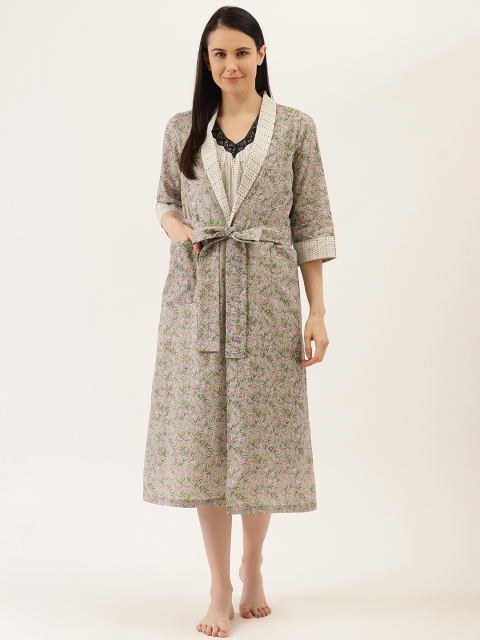 

pinwheel Grey & Beige Printed Cotton Nightdress With Robe