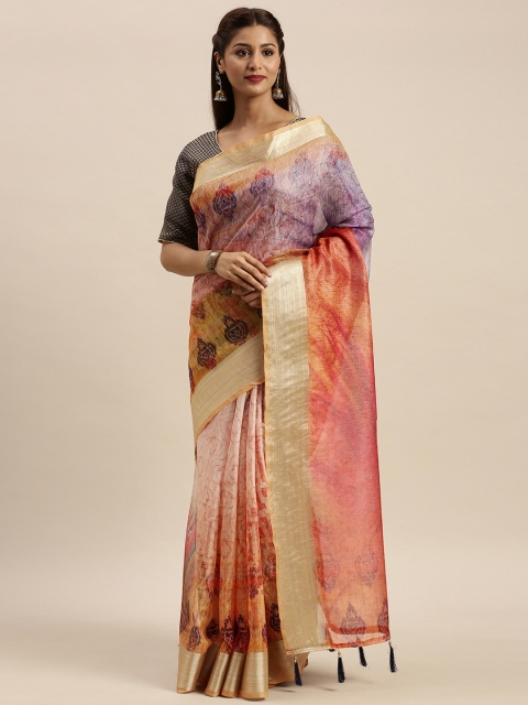 

Mitera Multicoloured Cotton Blend Solid Block Print Saree, Multi