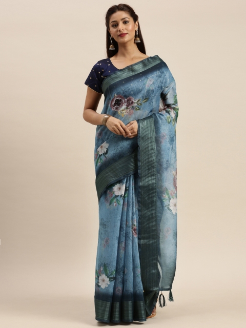 

Mitera Navy Blue Block Printed Saree
