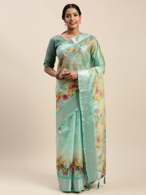 

Mitera Mint Green & Mustard Yellow Floral Digital Print Saree, Sea green