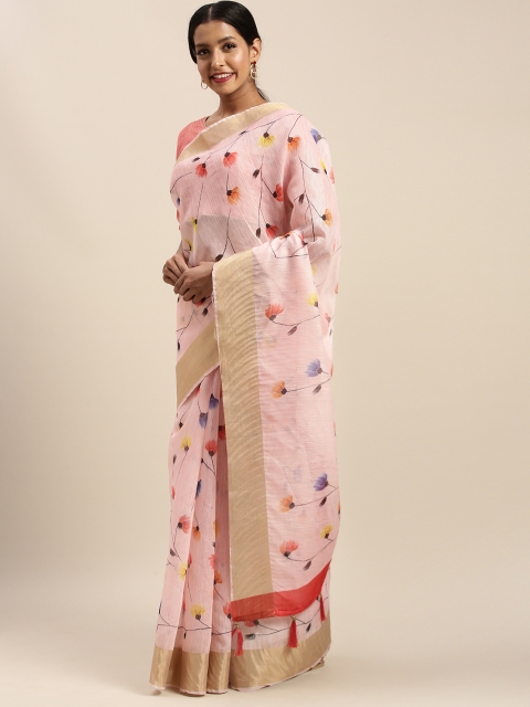 

Mitera Pink & Peach-Coloured Cotton Blend Solid Block Print Saree