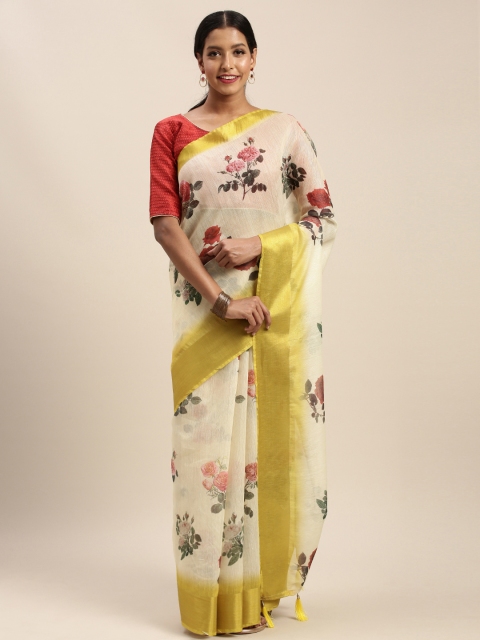 

Mitera Yellow & Red Cotton Blend Printed Block Print Saree