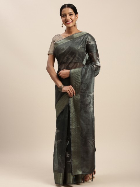 

Mitera Charcoal Grey & Off-White Floral Digital Print Saree