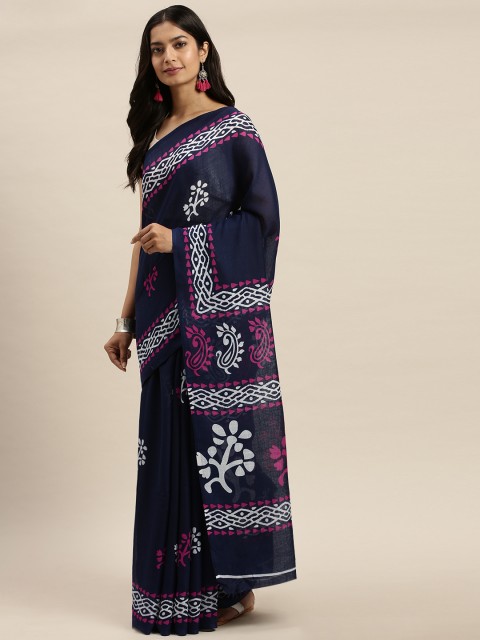 

Vaamsi Navy Blue & White Art Silk Printed Saree