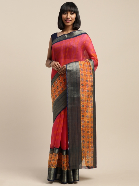 

Vaamsi Pink & Mustard Yellow Art Silk Printed Saree