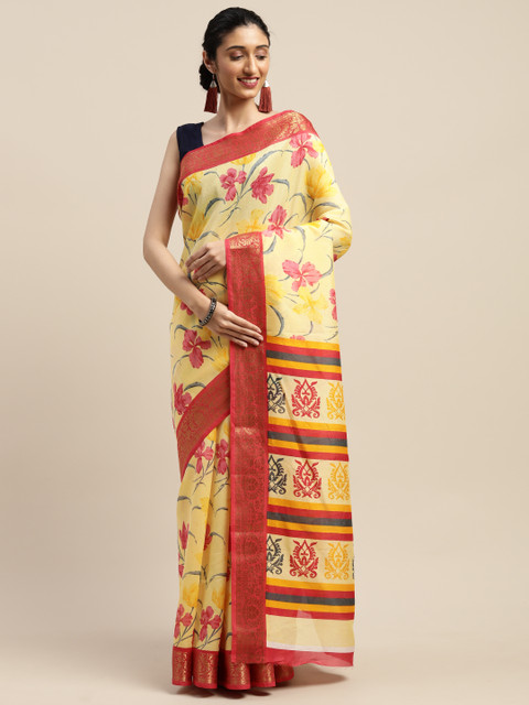 

Vaamsi Yellow & Pink Art Silk Floral Printed Saree