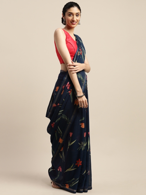 

Vaamsi Navy Blue Floral Printed Art Silk Saree