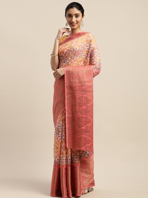 

Vaamsi Off-White & Pink Art Silk Printed Saree