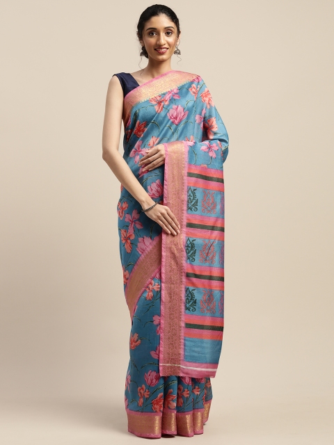 

Vaamsi Blue & Pink Art Silk Printed Saree