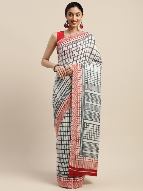 

Vaamsi Cream-Coloured & Green Art Silk Checked Saree