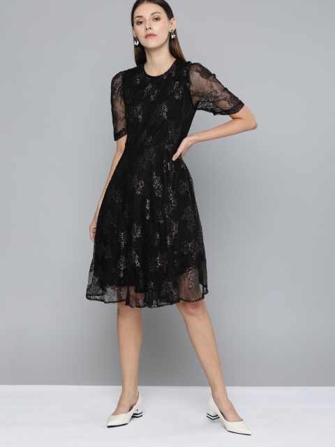 

Chemistry Women Black Self Design Fit and Flare Dress
