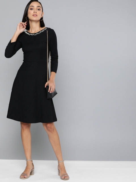 

Chemistry Women Black Self Design A-Line Dress with Jewel Neck