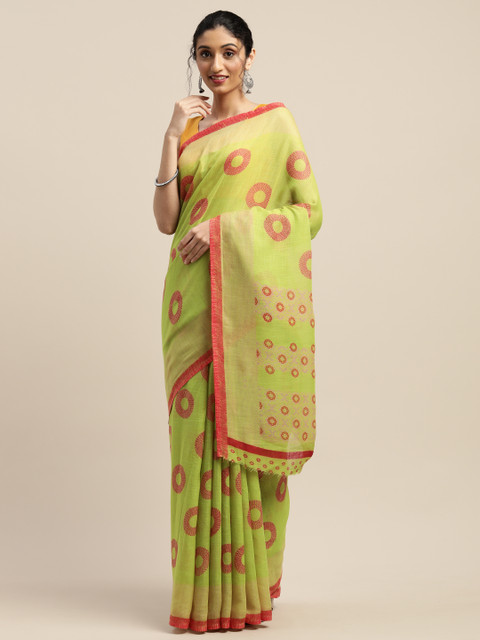 

Vaamsi Lime Green & Red Art Silk Printed Saree