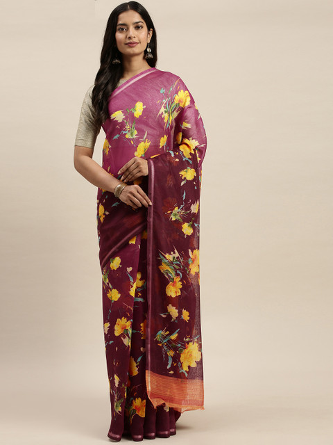

Vaamsi Burgundy Floral Printed Art Silk Saree