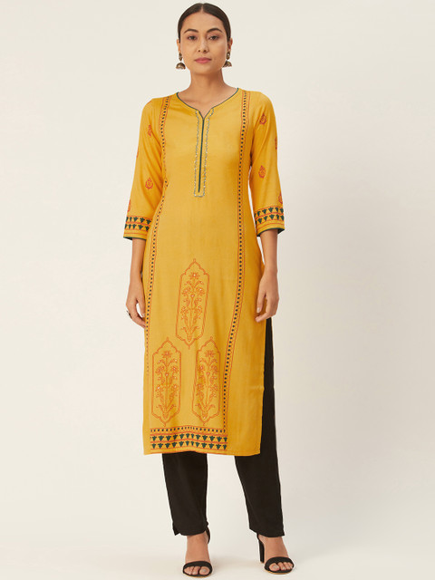 

DIVA WALK Women Yellow & Maroon Printed Straight Kurta